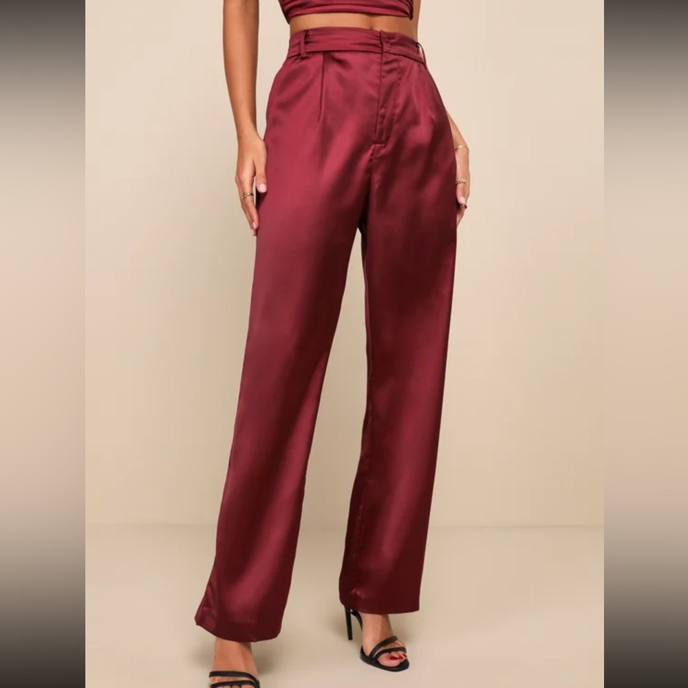 Lulus Flawless Behavior Burgundy High Rise Straight Leg Pants Red